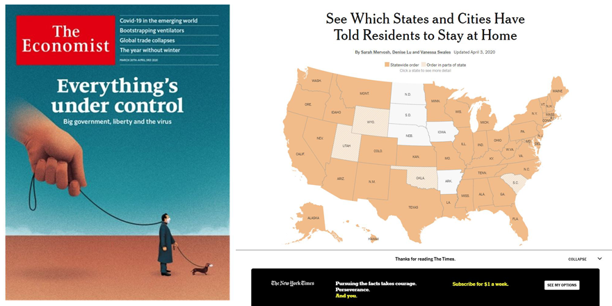 Economist Cover Control NYT Map of Lock Down States