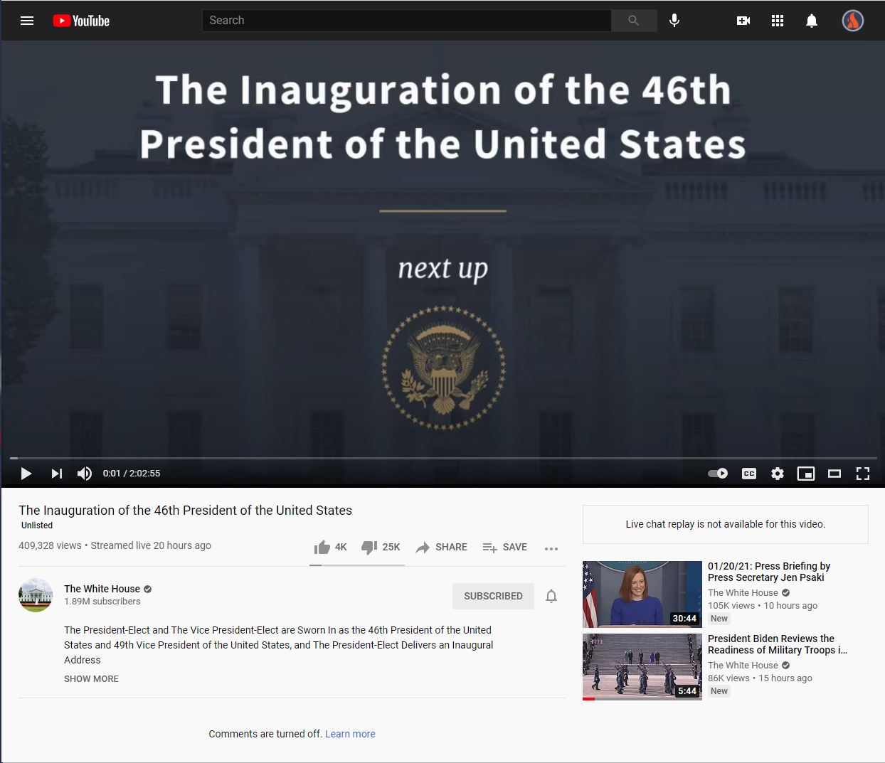 President Biden Inauguration Video Ratioed Unlisted on YouTube