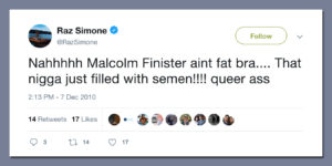 Raz Simone Homophoic Tweet 2010