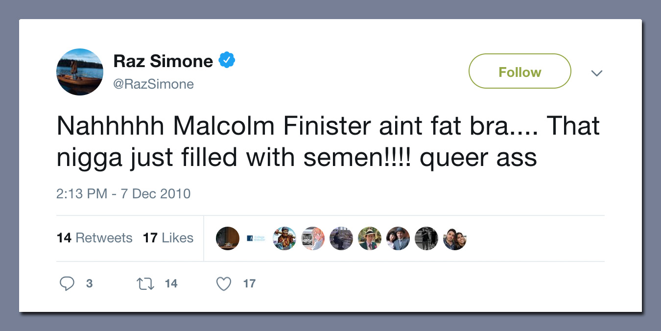 Raz Simone Homophoic Tweet 2010