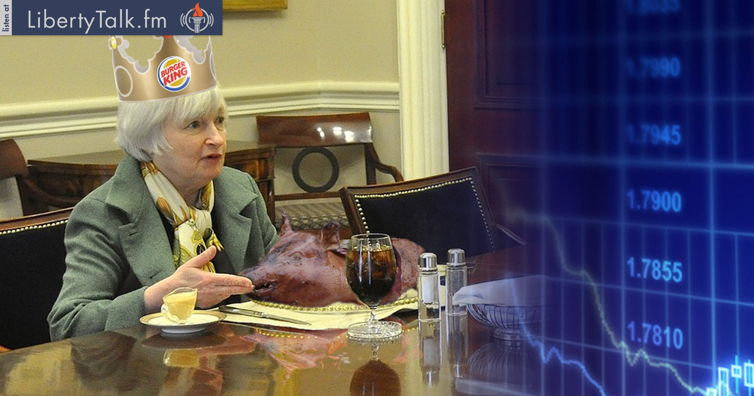 Janet Yellen dines on Roast Pig in celebration of another year of receiving income tax payment from U.S. Government as interest for loans extended by FEDERAL RESERVE